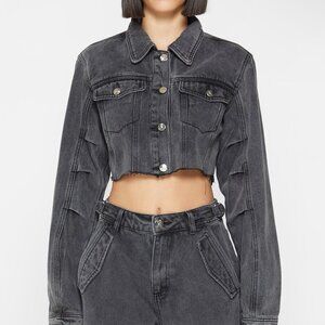 Maniere De Voir Black Washed Denim Cropped Jacket + Cargo Pants Set